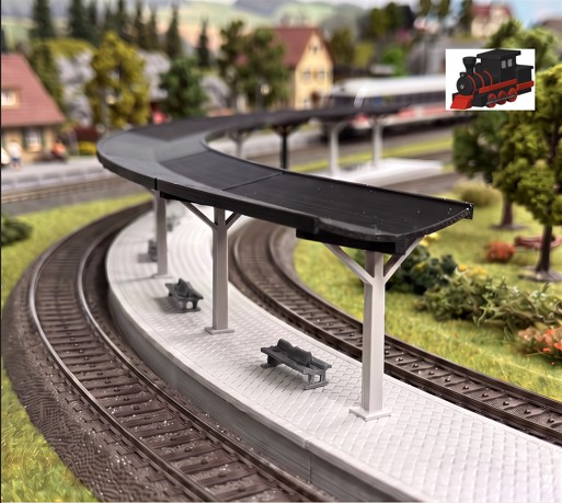 Visualization: curved station with benches on a scenic HO layout