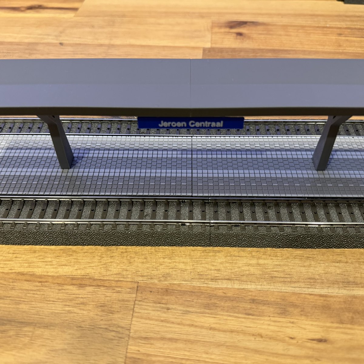Real print: the Dutch platform station in mid grey between two C tracks, white guidance strip and safety bands on the deck, name plate on the roof